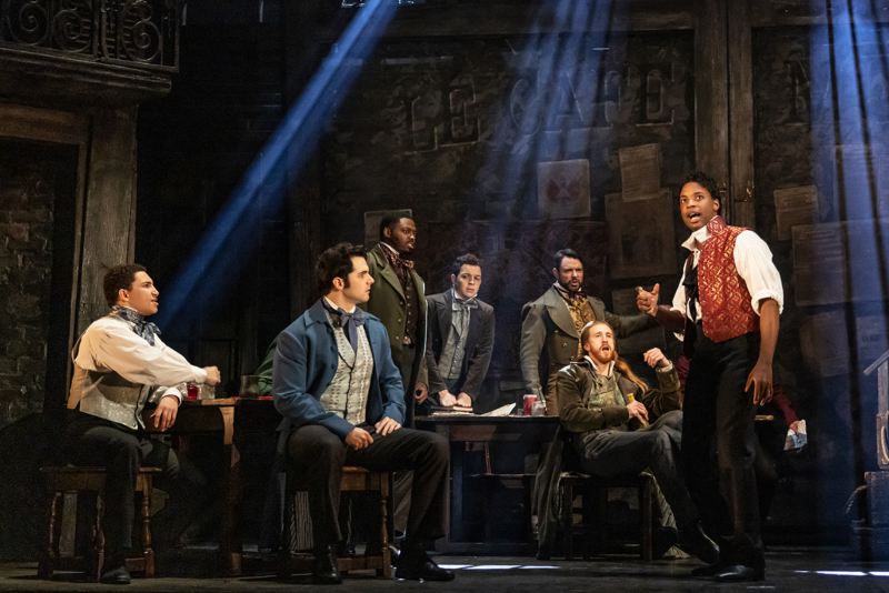 "Red and Black" – Christian Mark Gibbs as Enjolras and company in Les Misérables Photo: Matthew Murphy